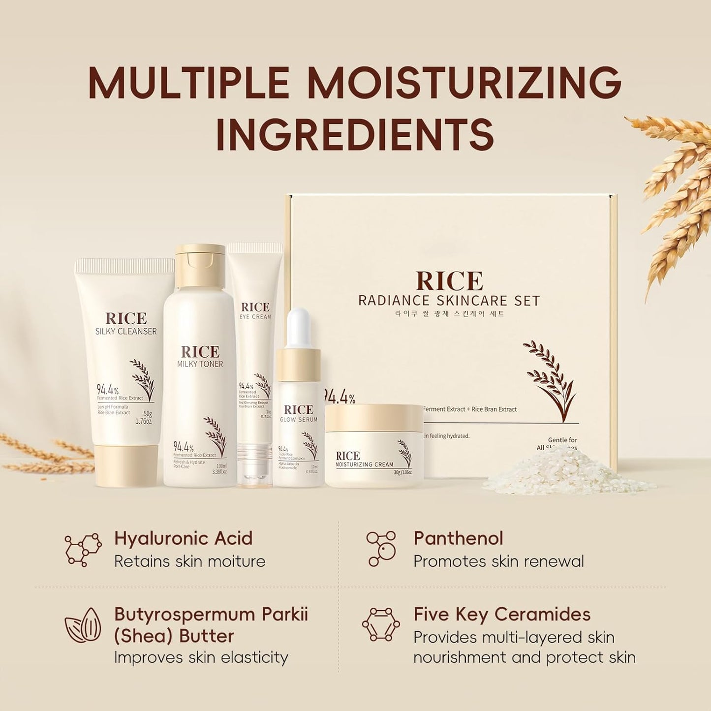 Skin Care Set, Korean Skin Care - Korean Beauty for Women - 5Pcs | Rice Cleanser, Toner, Serum, Eye Serum, Moisturizing Cream Teen Girls Mom Daughter Mother'S Day Birthday Christmas Lover