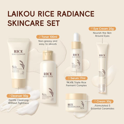 Skin Care Set, Korean Skin Care - Korean Beauty for Women - 5Pcs | Rice Cleanser, Toner, Serum, Eye Serum, Moisturizing Cream Teen Girls Mom Daughter Mother'S Day Birthday Christmas Lover