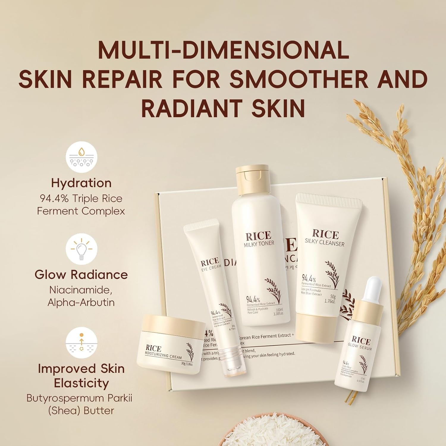 Skin Care Set, Korean Skin Care - Korean Beauty for Women - 5Pcs | Rice Cleanser, Toner, Serum, Eye Serum, Moisturizing Cream Teen Girls Mom Daughter Mother'S Day Birthday Christmas Lover