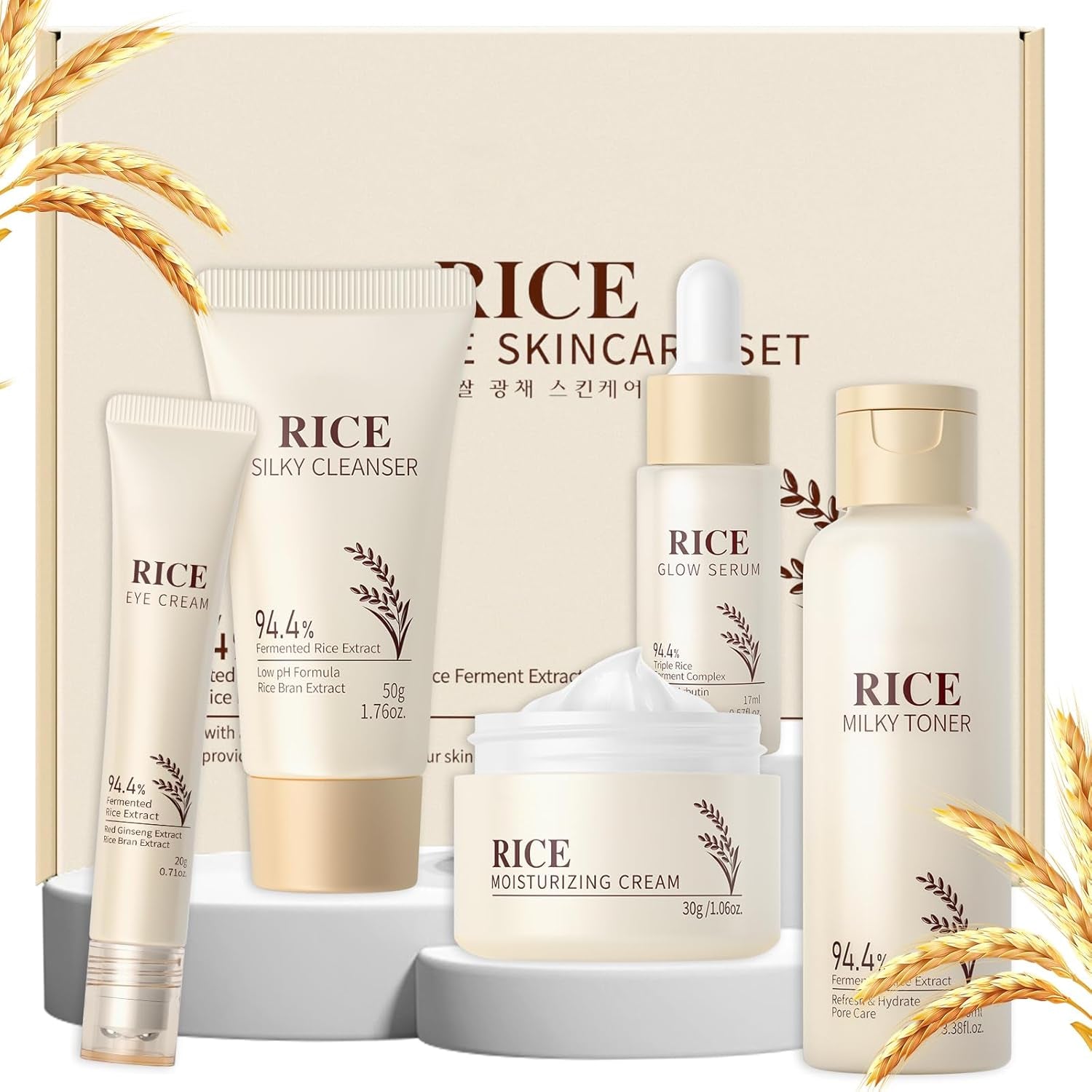 Skin Care Set, Korean Skin Care - Korean Beauty for Women - 5Pcs | Rice Cleanser, Toner, Serum, Eye Serum, Moisturizing Cream Teen Girls Mom Daughter Mother'S Day Birthday Christmas Lover
